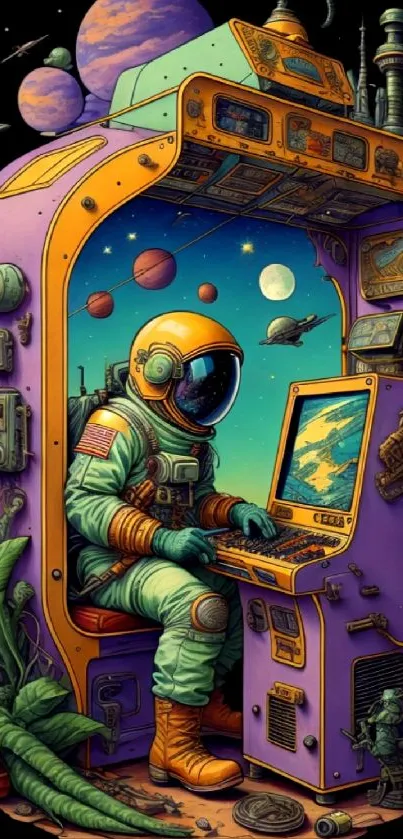 Futuristic astronaut in cosmic scenery with vibrant colors and planets.