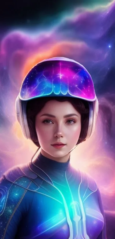 Futuristic astronaut with cosmic colors and galaxy background on mobile wallpaper.