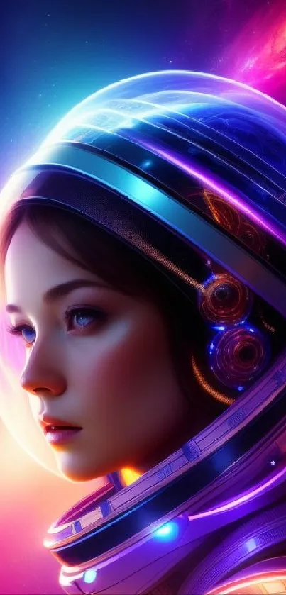 Futuristic astronaut with neon lights in cosmic wallpaper.