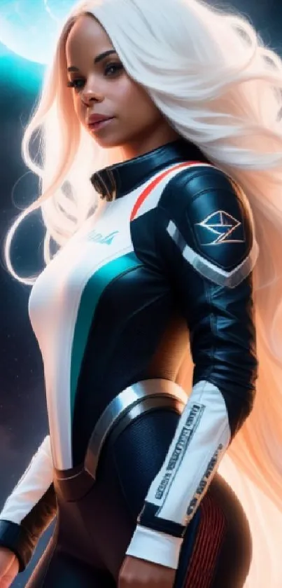 Futuristic female astronaut with white hair and cosmic background.