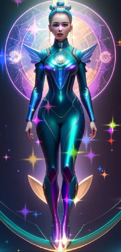 Futuristic female astronaut in a cosmic scene.