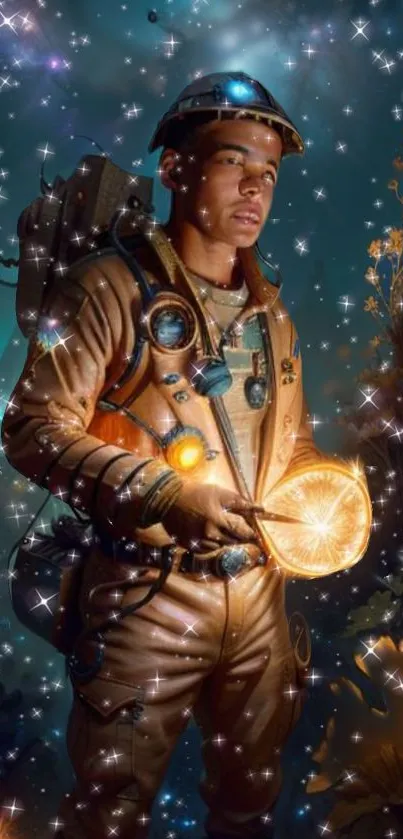 Astronaut in a glowing cosmic scene with stars.