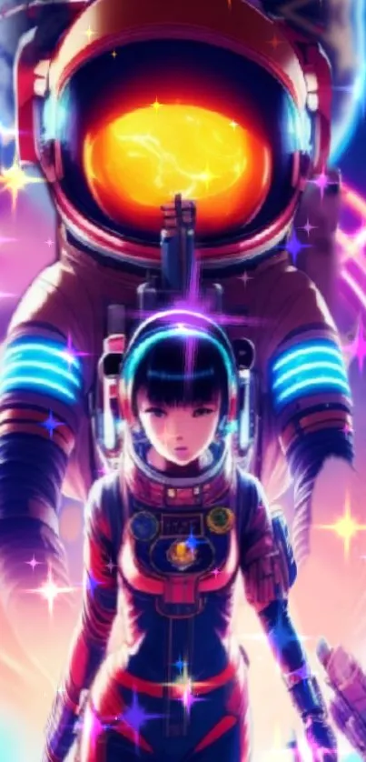 Neon astronaut art with vibrant colors and cosmic backdrop.