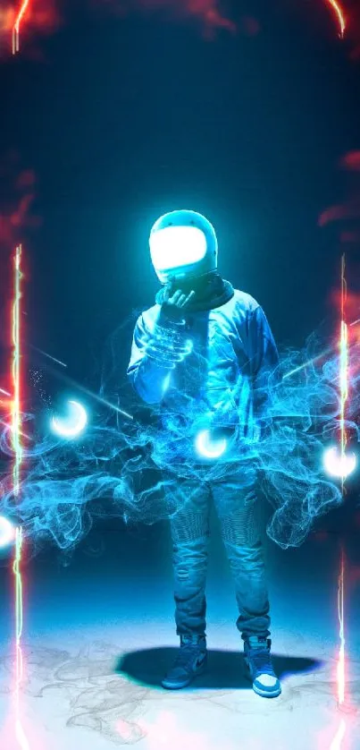 Futuristic astronaut in neon blue light with glowing orbs around.