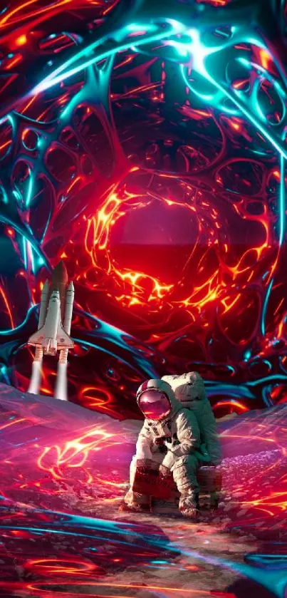 Futuristic astronaut art with vibrant cosmic vortex and shuttle launch.