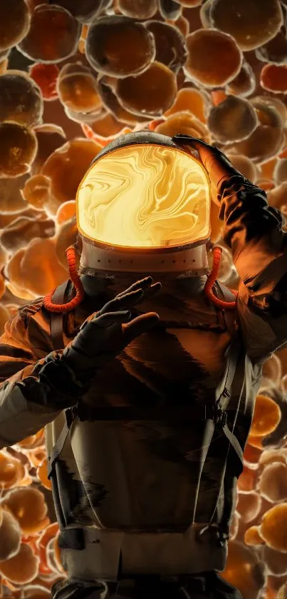 Futuristic astronaut with glowing helmet and vibrant background.