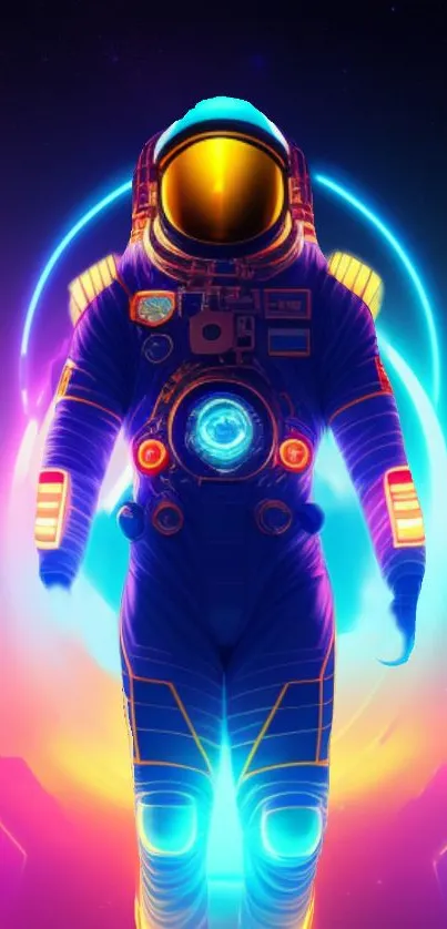 Futuristic neon astronaut in space with vibrant colors.