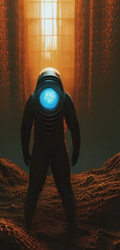 Futuristic astronaut in glowing sci-fi scene.