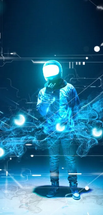 Futuristic astronaut with neon blue aura and glowing orbs.