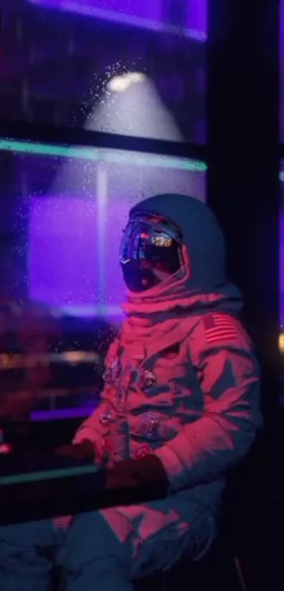 Futuristic astronaut in neon-lit café with purple hues.