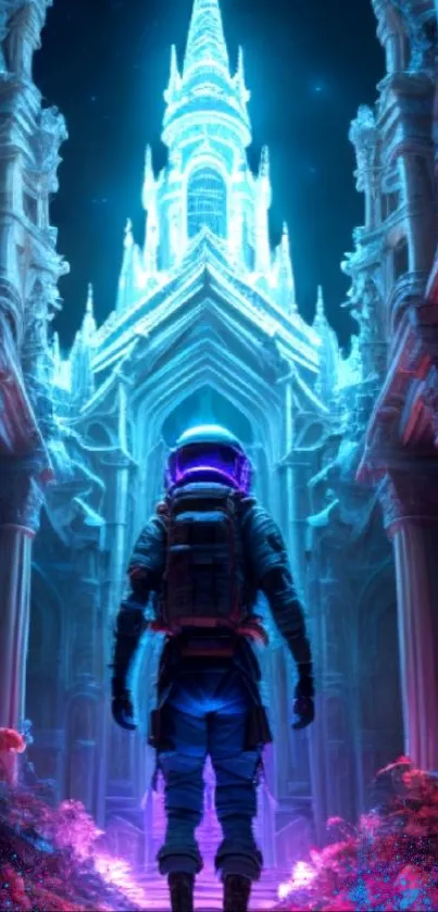 Astronaut approaches a neon-lit futuristic castle.