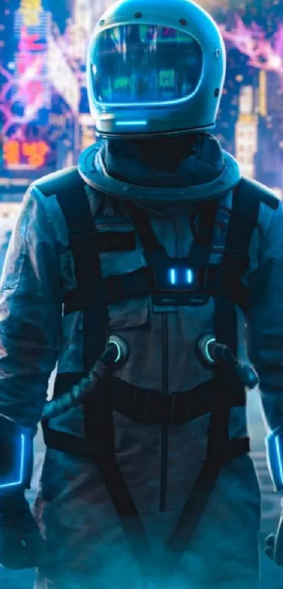 Astronaut in a cyberpunk city with neon lights and sci-fi elements.