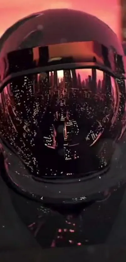 Astronaut helmet reflecting a futuristic city skyline.