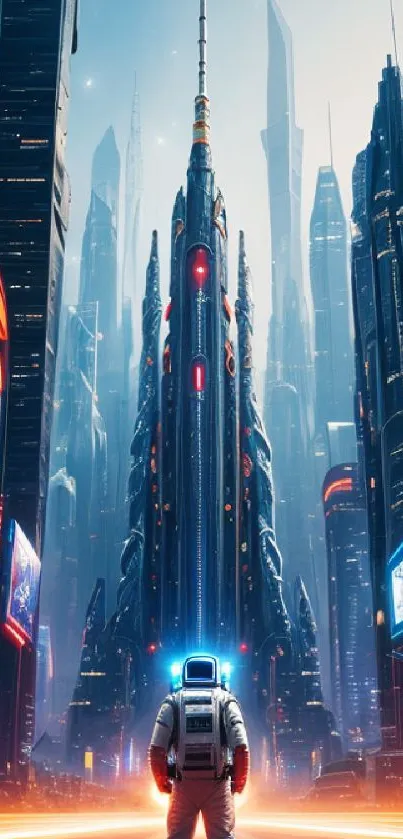 Futuristic cityscape with astronaut and neon lights.