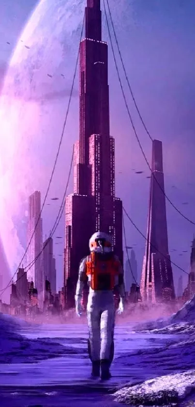 Astronaut in futuristic cityscape with alien landscape.