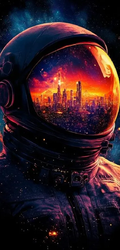 Astronaut helmet reflecting futuristic cityscape with cosmic background.