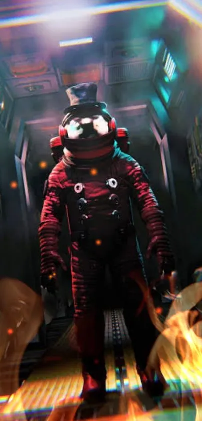 Astronaut in a futuristic space corridor with vibrant lights and colors.