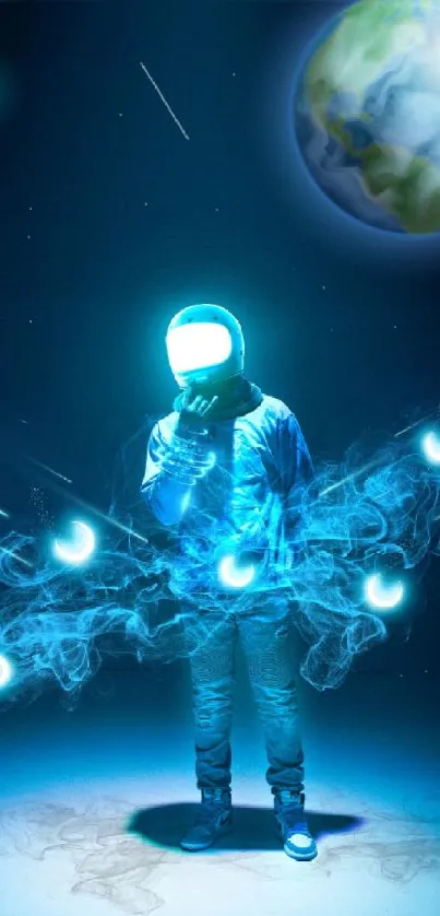 Futuristic astronaut with ethereal blue light and Earth in background.