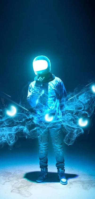 Futuristic wallpaper featuring glowing astronaut with blue orbs.