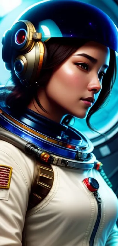 A futuristic astronaut in a vibrant blue-lit space suit.