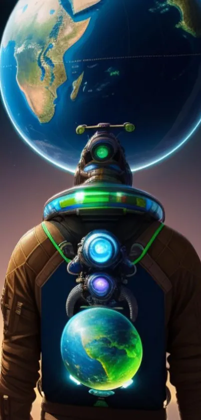 Futuristic astronaut with Earth helmet in sci-fi mobile wallpaper.