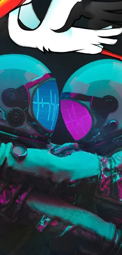 Two astronauts in a colorful, neon embrace against a dark background.