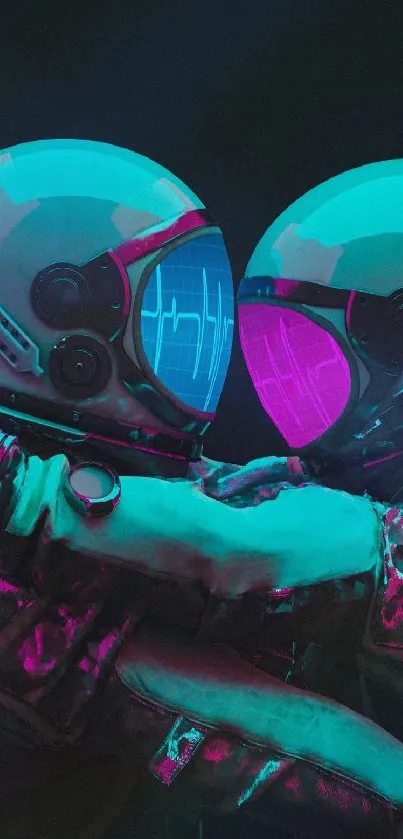 Two astronauts embrace with neon blue and pink hues in a futuristic art design.