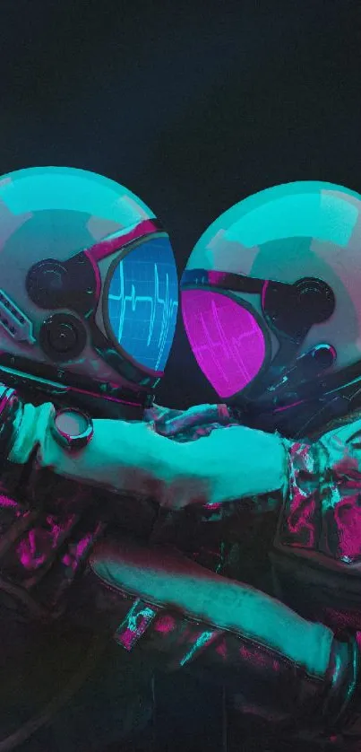 Two astronauts embrace against a dark background with neon highlights.