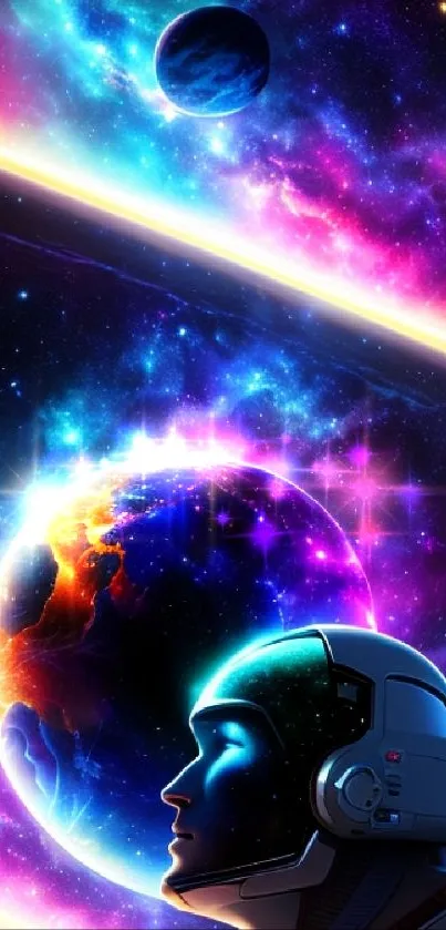 Futuristic wallpaper: astronaut with planets in a vibrant galaxy.