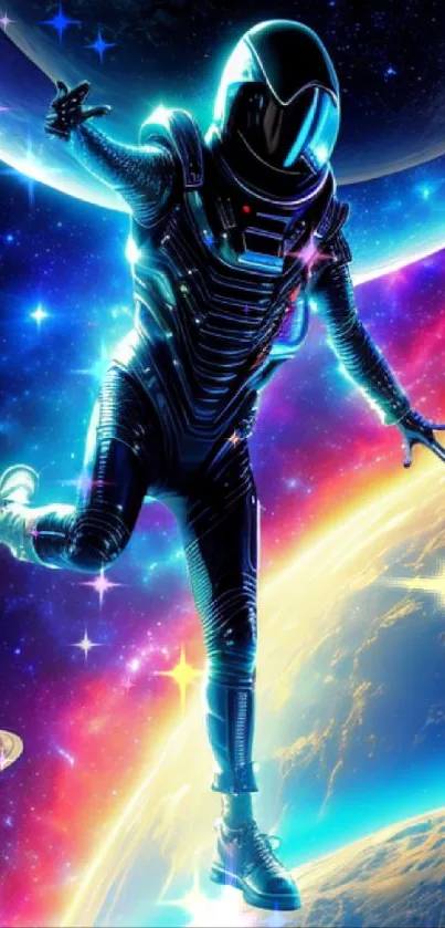 Vibrant astronaut floating in a colorful galaxy with planets.