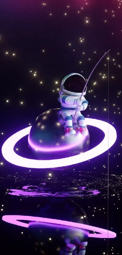 Astronaut fishing in cosmic galaxy with glowing purple rings.