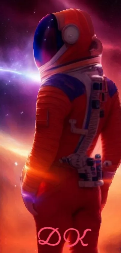 Vibrant astronaut in orange spacesuit with galaxy backdrop.