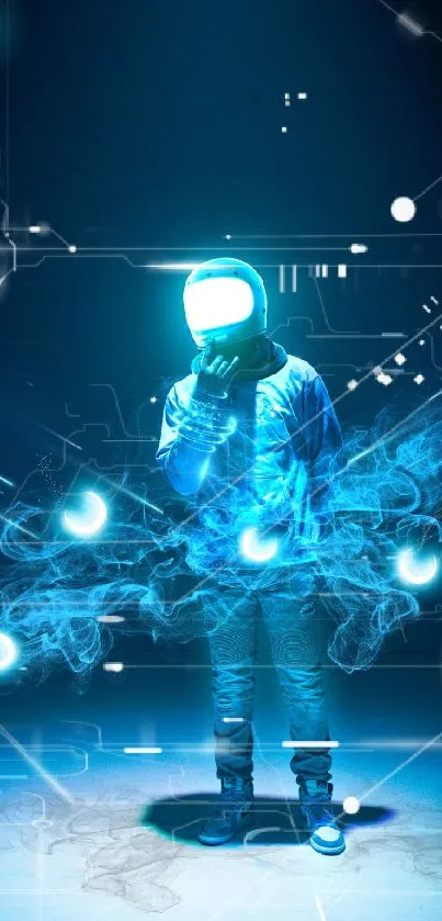 Futuristic astronaut surrounded by glowing blue aura, creating a sci-fi visual effect.