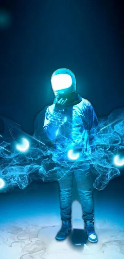 Futuristic astronaut glowing with mystical blue orbs