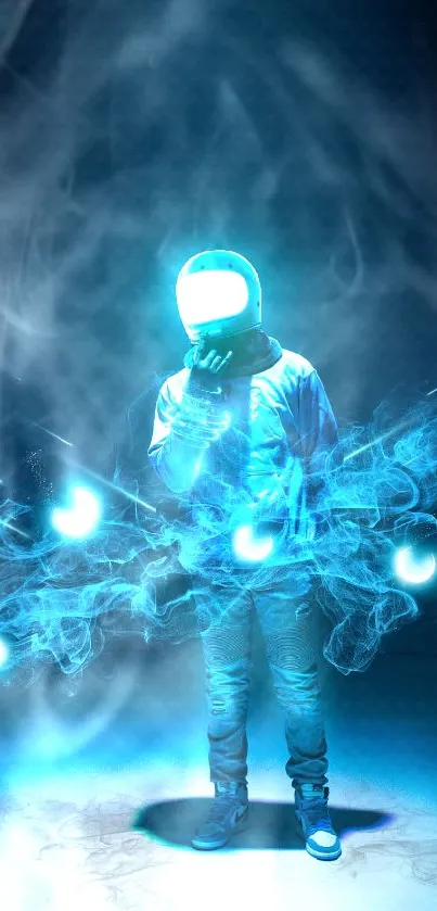 Futuristic astronaut with blue glow and smoke effect in a digital art wallpaper.