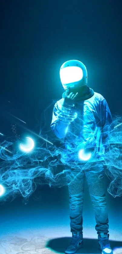 Futuristic glowing astronaut with blue energy.