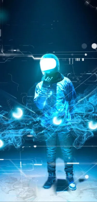 Futuristic glowing astronaut with blue neon effects.