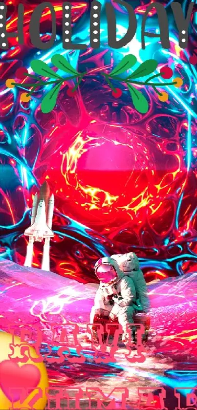 Futuristic scene with astronaut and holiday theme in vibrant colors.