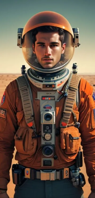 Astronaut in orange suit on a desert landscape mobile wallpaper.