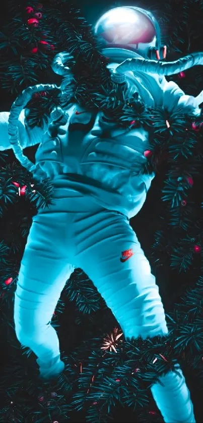 Futuristic astronaut surrounded by dark forest greenery and teal blue light.