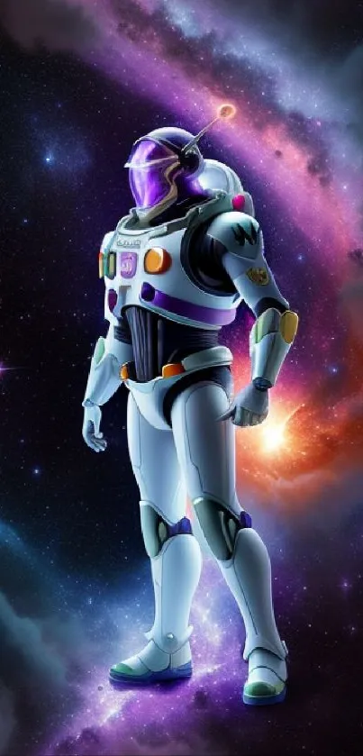 Futuristic astronaut stands in vibrant galaxy scene.