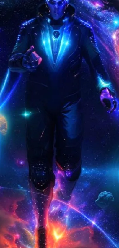 Futuristic astronaut in a vibrant cosmic space scene.