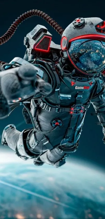 Futuristic astronaut floating in space with Earth visible below.