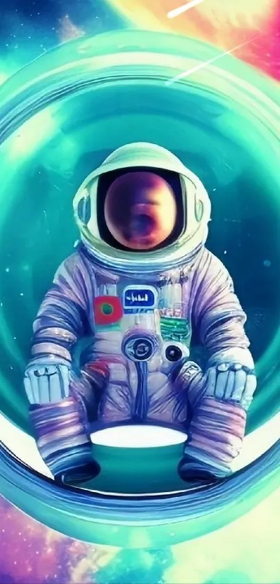 Astronaut in bright, colorful cosmic scene wallpaper