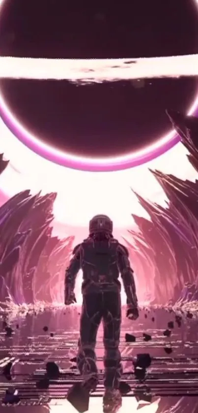 Astronaut in a futuristic pink and purple cosmic landscape.