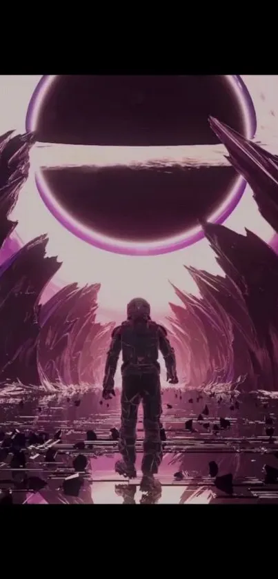 Astronaut in a purple cosmic landscape with futuristic elements.