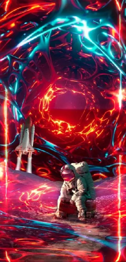 Astronaut amidst a futuristic, abstract landscape with vibrant red and teal colors.