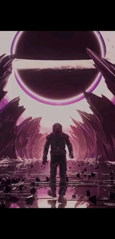 Astronaut in a sci-fi landscape with a large purple planet in the background.