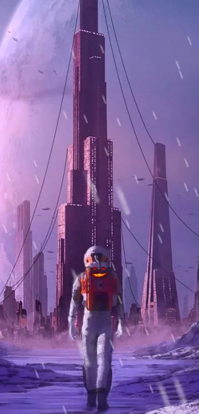 Astronaut in a futuristic alien city under a purple sky.