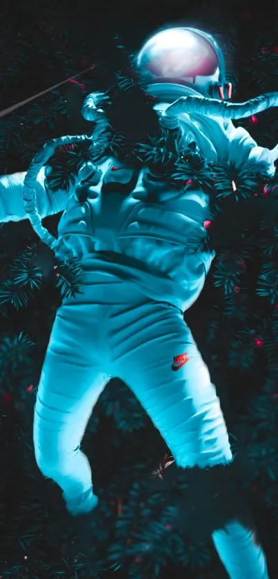 Astronaut in blue glow amidst a cosmic backdrop.